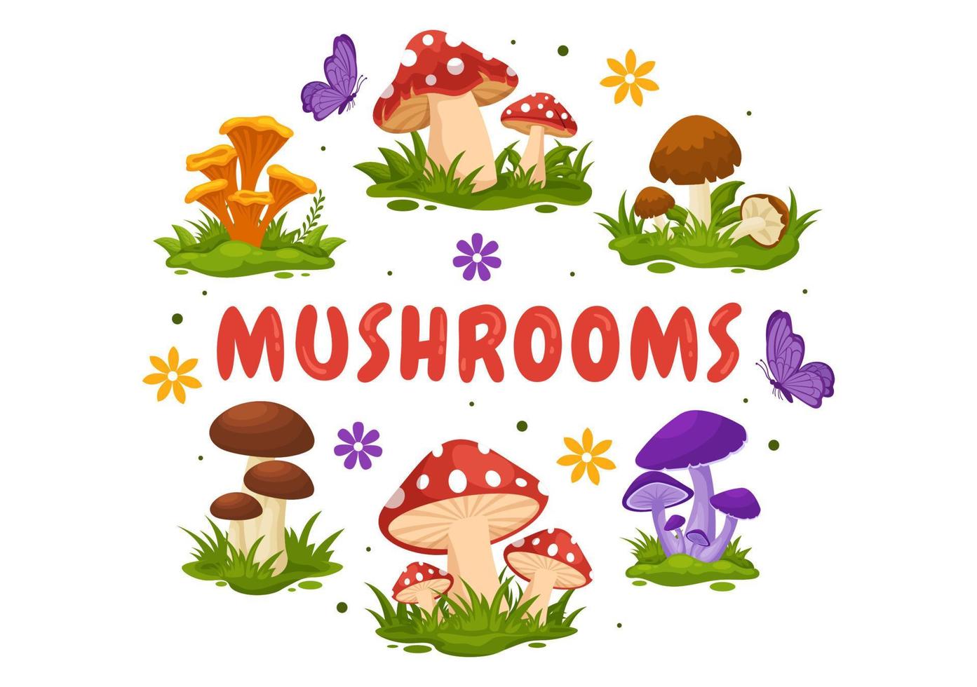 Mushrooms Illustration with Different Mushroom, Grass and Insects for Web Banner or Landing Page in Flat Cartoon Hand Drawn Templates vector