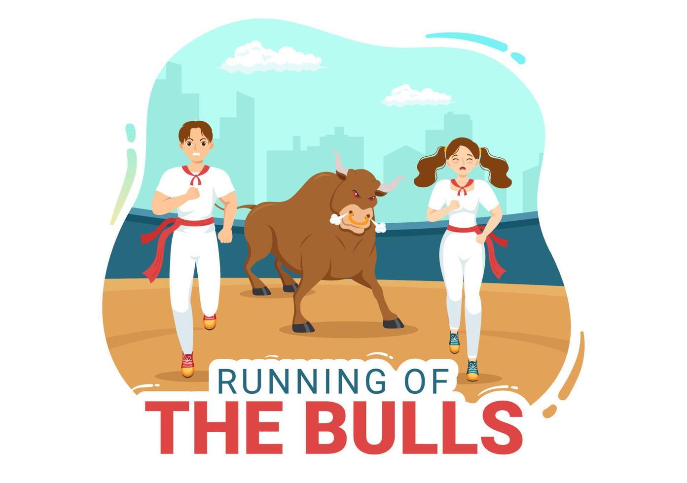 Running of the Bulls Illustration with Bullfighting Show in Arena in Flat Cartoon Hand Drawn for Web Banner or Landing Page Template vector