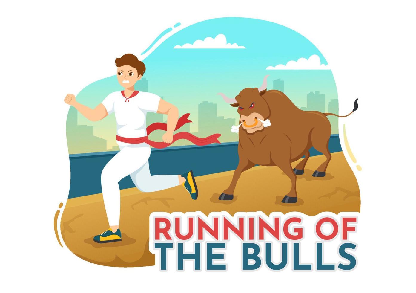 Running of the Bulls Illustration with Bullfighting Show in Arena in Flat Cartoon Hand Drawn for Web Banner or Landing Page Template vector