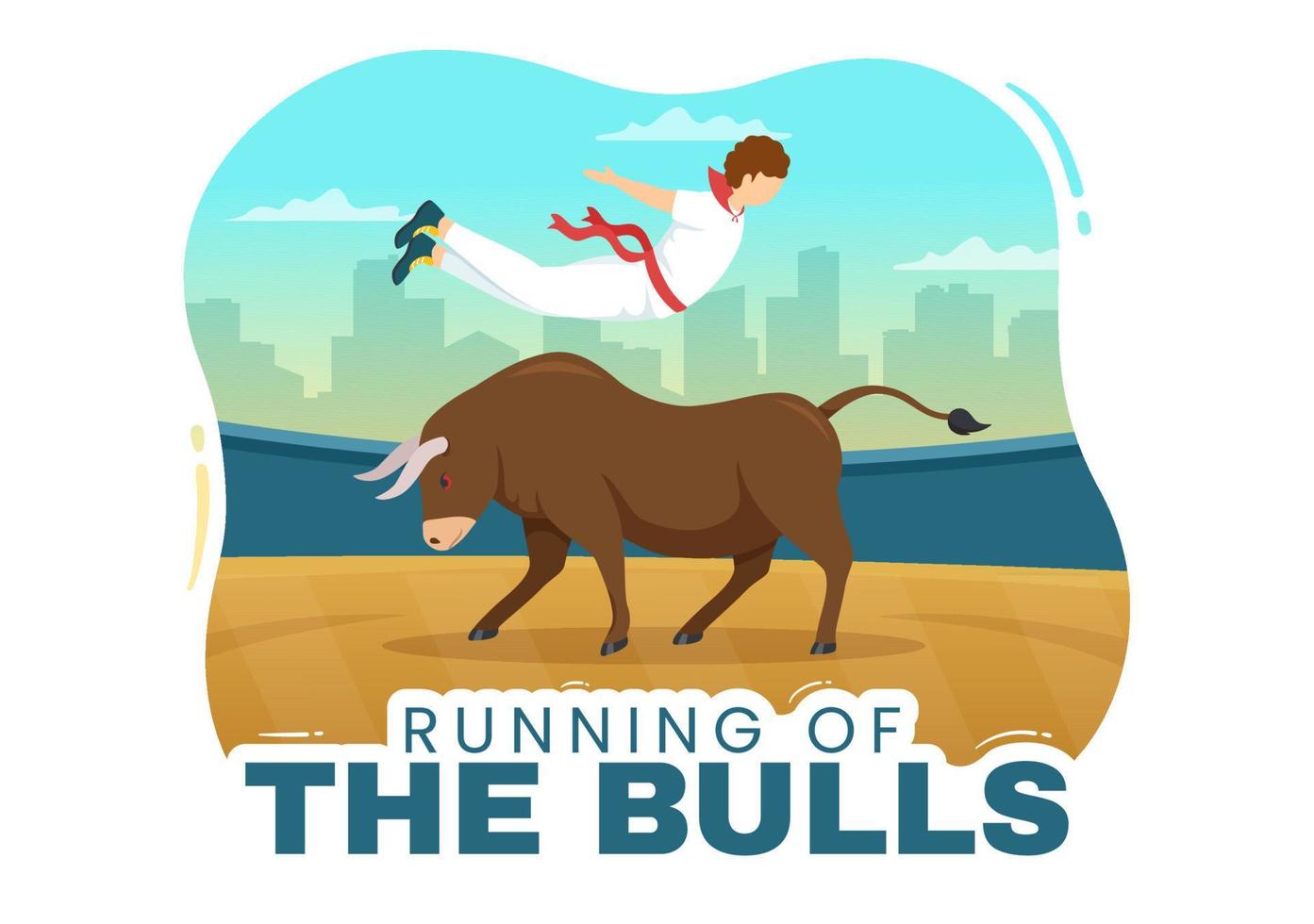 Running of the Bulls Illustration with Bullfighting Show in Arena in Flat Cartoon Hand Drawn for