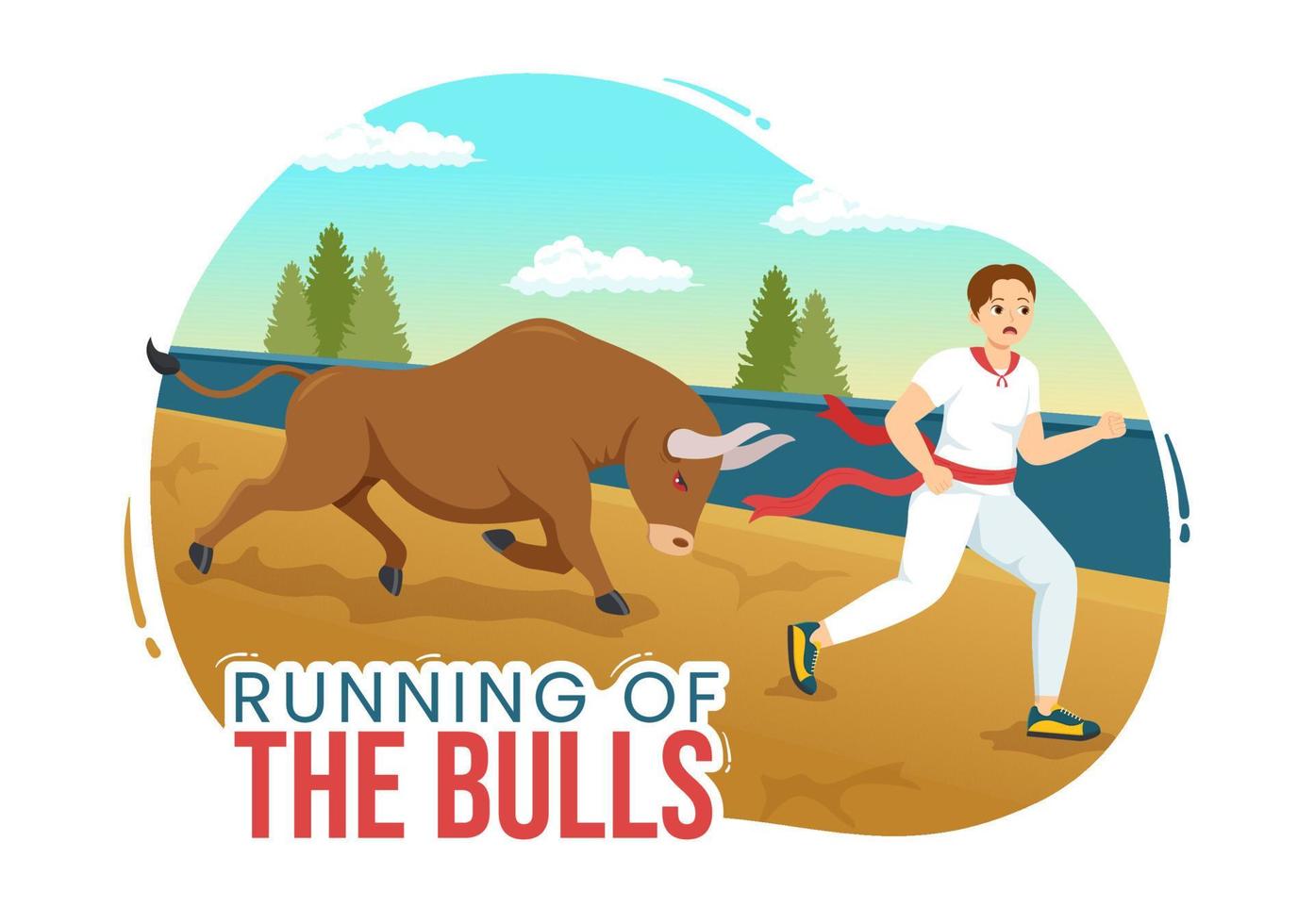 Running of the Bulls Illustration with Bullfighting Show in Arena in Flat Cartoon Hand Drawn for Web Banner or Landing Page Template vector