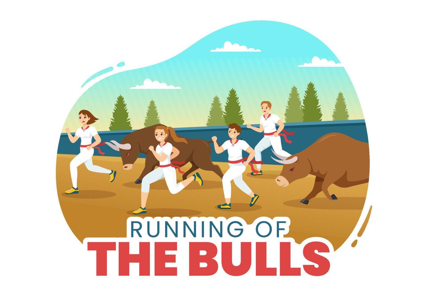 Running of the Bulls Illustration with Bullfighting Show in Arena in Flat Cartoon Hand Drawn for Web Banner or Landing Page Template vector