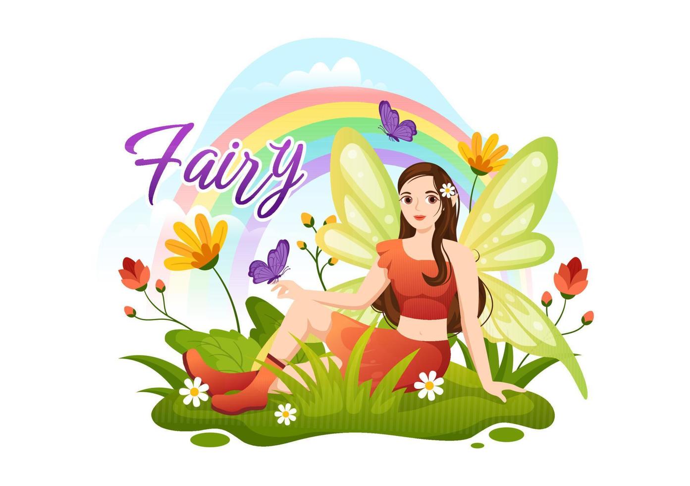 Beautiful Flying Fairy Illustration with Elf, Landscape Tree and Green Grass in Flat Cartoon Hand Drawn for Web Banner or Landing Page Templates vector