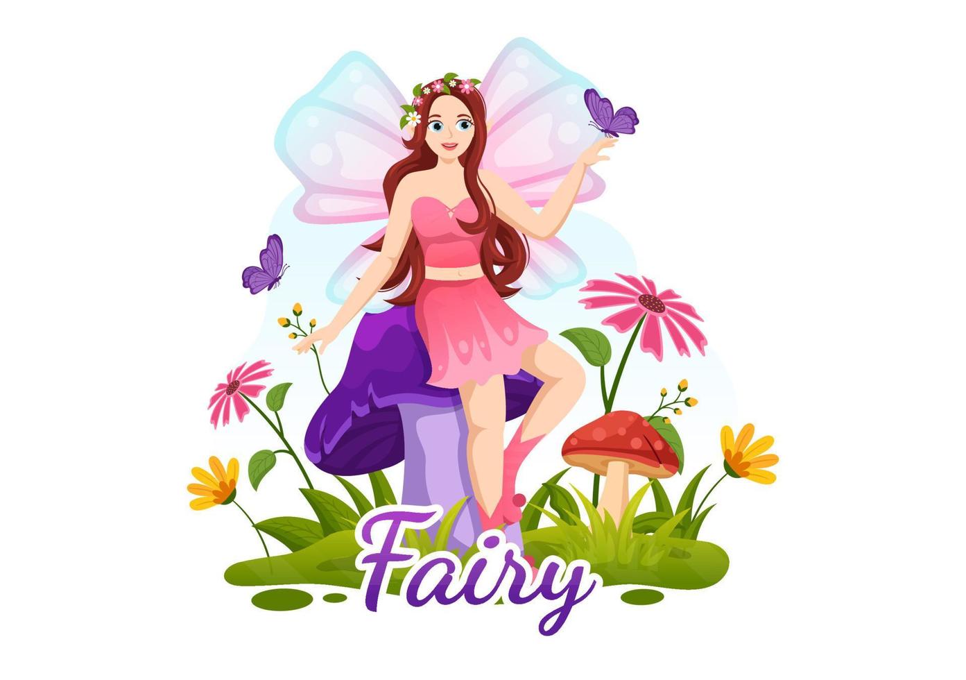 Beautiful Flying Fairy Illustration with Elf, Landscape Tree and Green Grass in Flat Cartoon Hand Drawn for Web Banner or Landing Page Templates vector