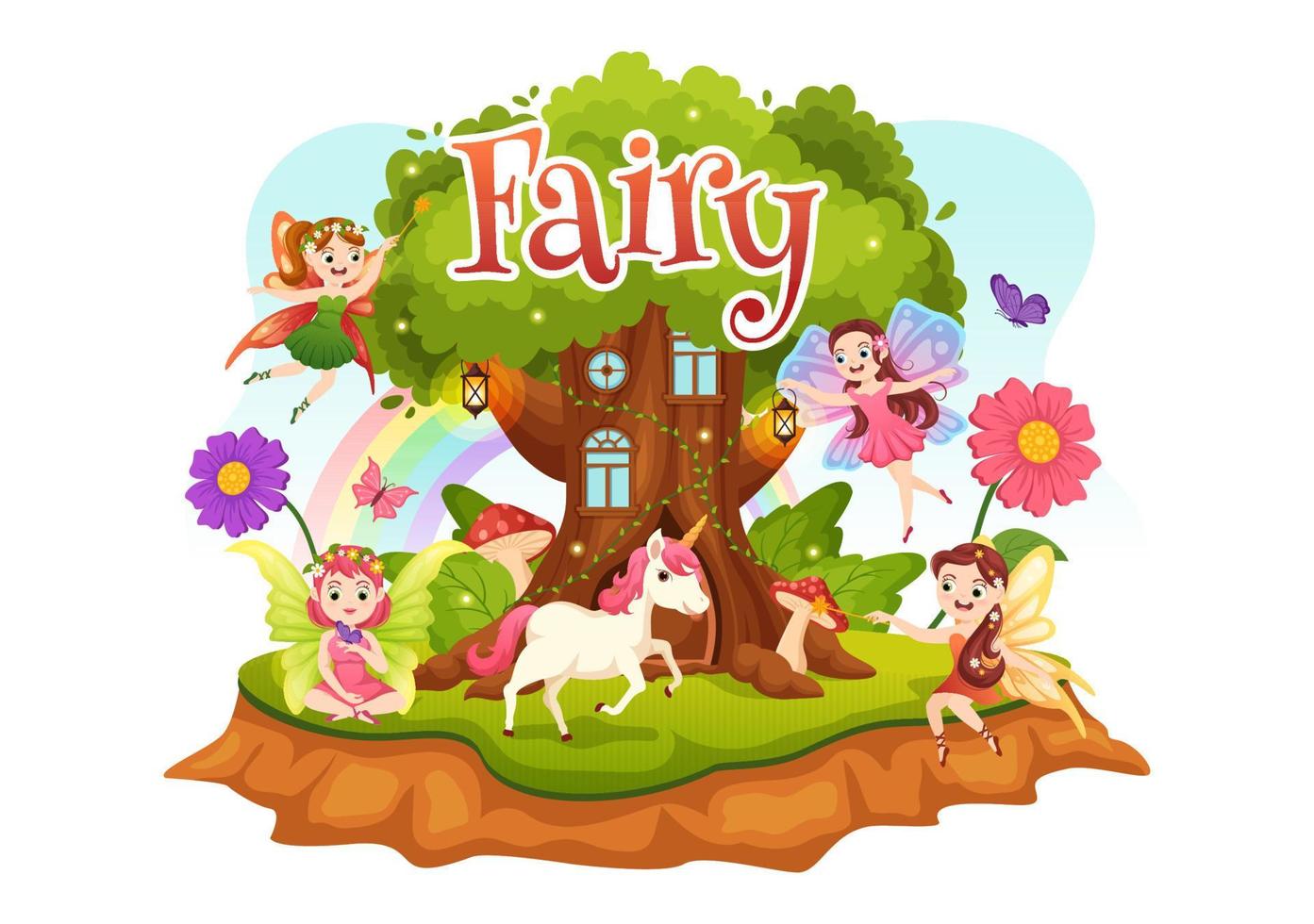 Beautiful Flying Fairy Illustration with Elf, Landscape Tree and Green Grass in Flat Cartoon Hand Drawn for Web Banner or Landing Page Templates vector