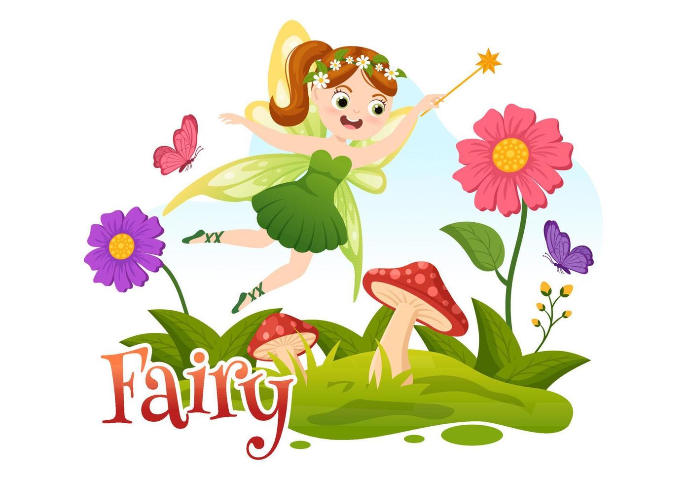 Beautiful Flying Fairy Illustration with Elf, Landscape Tree and Green Grass in Flat Cartoon Hand Drawn for Web Banner or Landing Page Templates vector