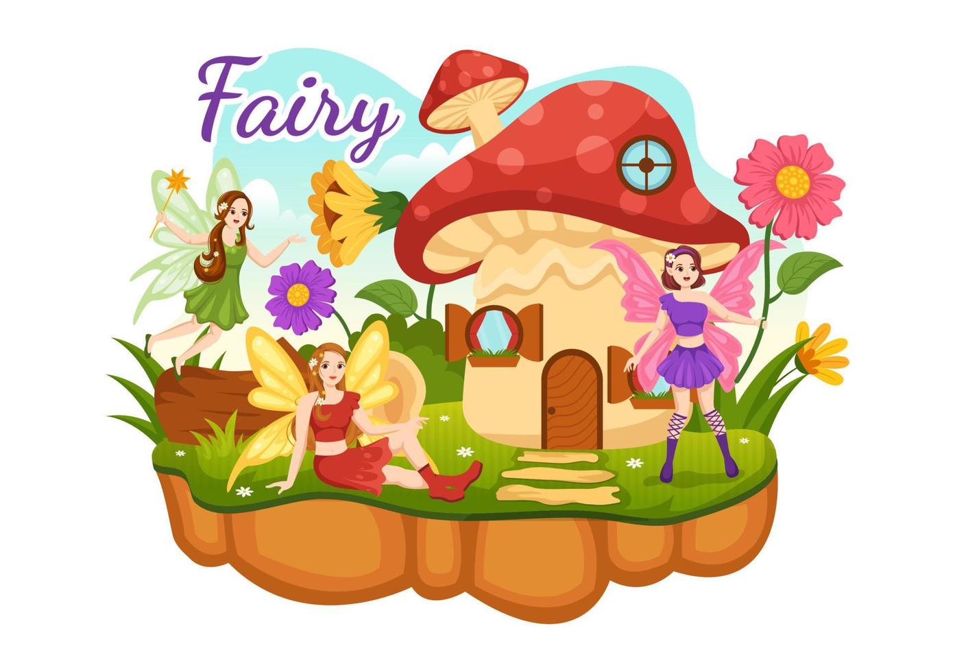 Beautiful Flying Fairy Illustration with Elf, Landscape Tree and Green Grass in Flat Cartoon Hand Drawn for Web Banner or Landing Page Templates vector