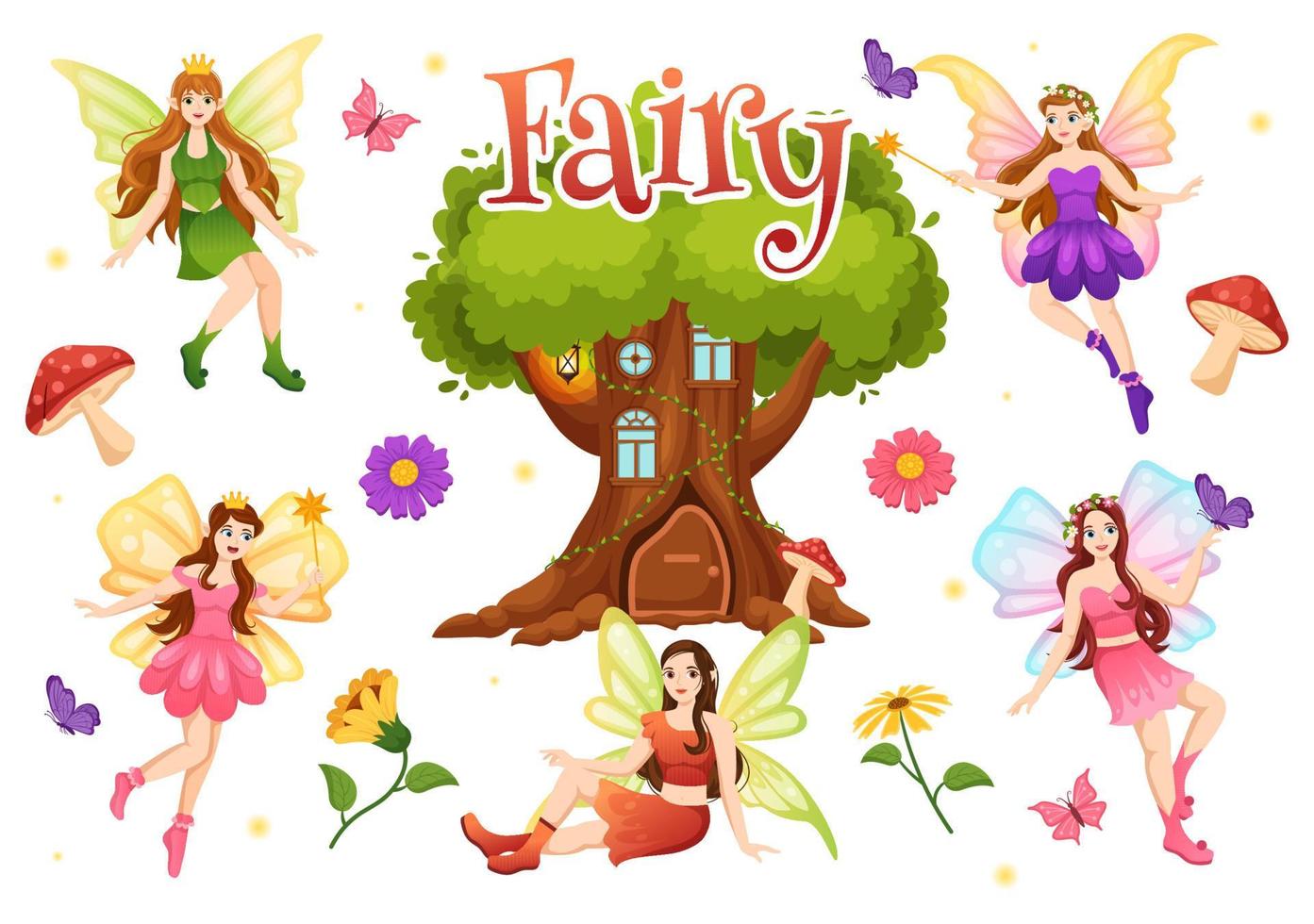 Beautiful Flying Fairy Illustration with Elf, Landscape Tree and Green Grass in Flat Cartoon Hand Drawn for Web Banner or Landing Page Templates vector