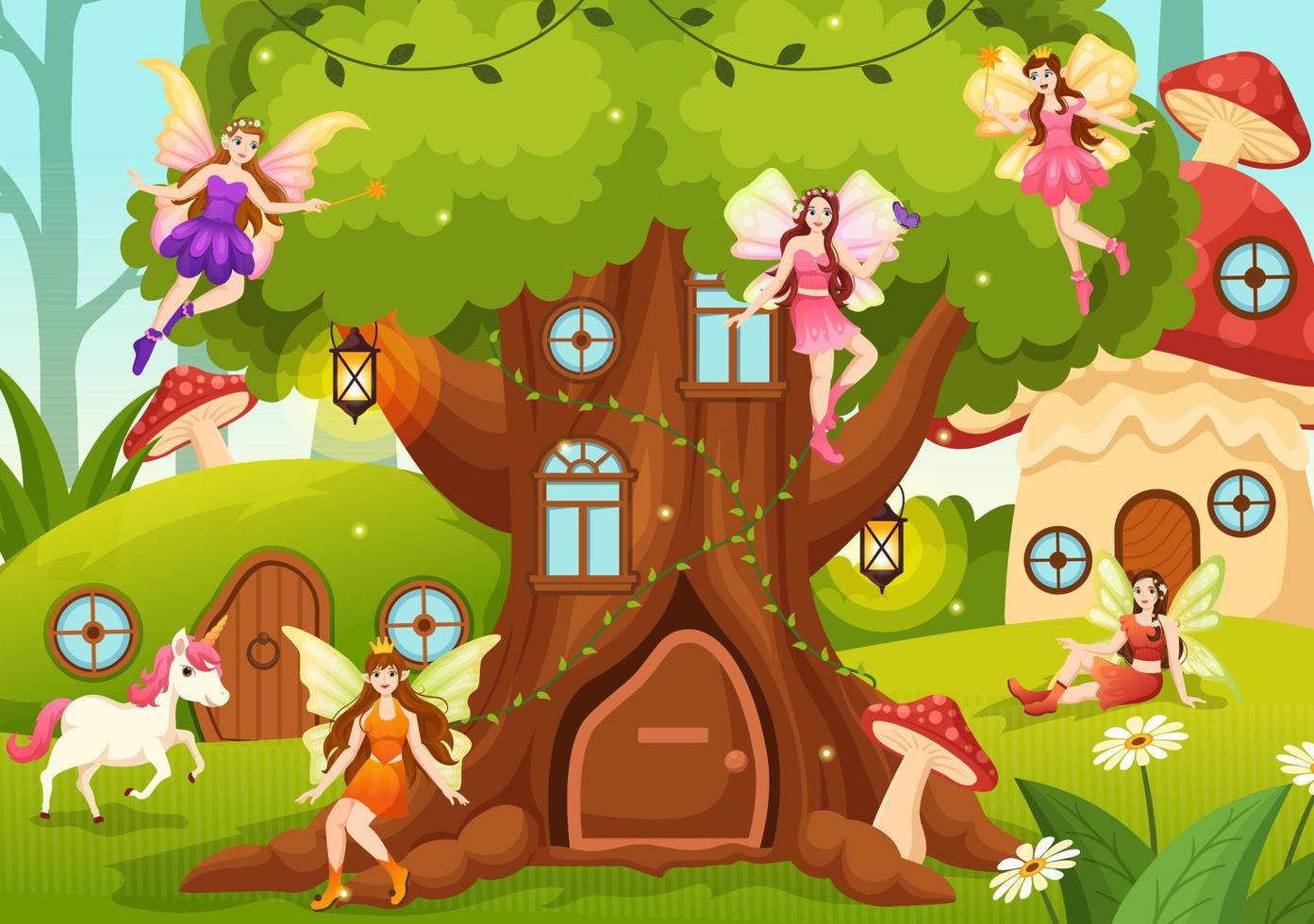 Beautiful Flying Fairy Illustration with Elf, Landscape Tree and Green Grass in Flat Cartoon Hand Drawn for Web Banner or Landing Page Templates vector