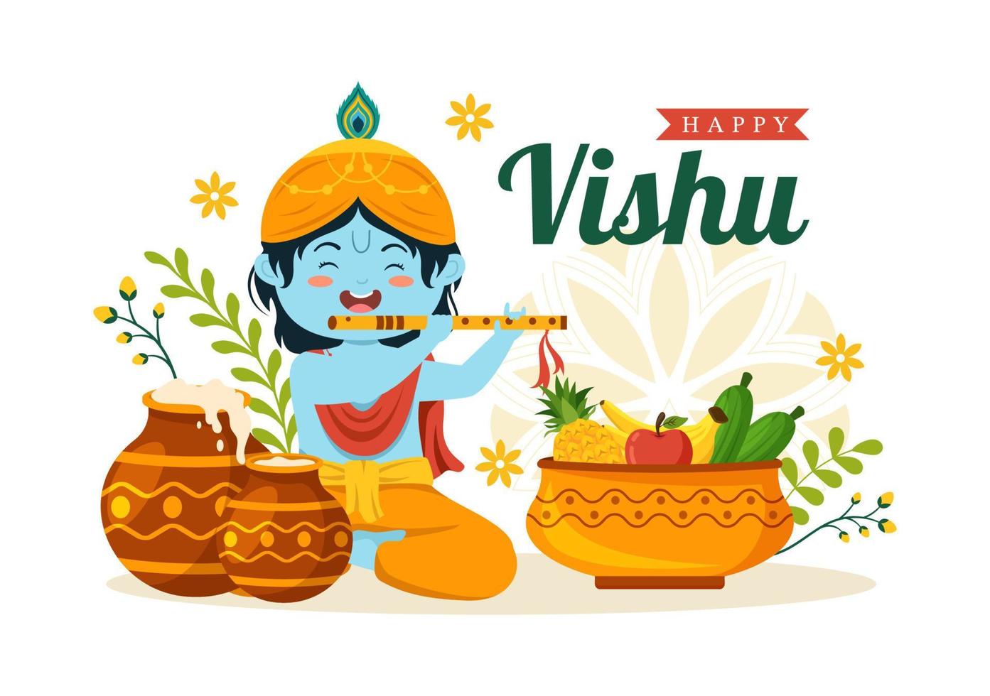 contento vishu festival ilustración con tradicional kerala kani, frutas y vegetales para aterrizaje página en plano dibujos animados mano dibujado plantillas vector