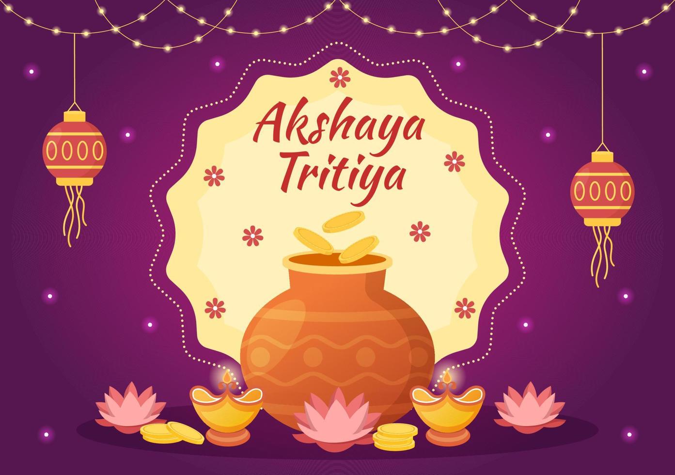 akshaya tritiya festival ilustración con un dorado kalash, maceta y oro monedas para Dhanteras celebracion en mano dibujado para aterrizaje página plantillas vector