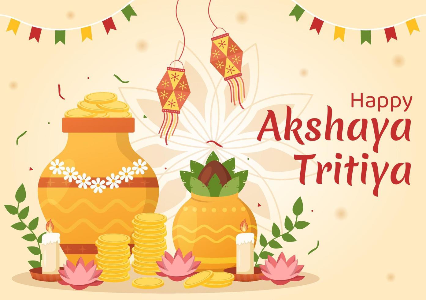 akshaya tritiya festival ilustración con un dorado kalash, maceta y oro monedas para Dhanteras celebracion en mano dibujado para aterrizaje página plantillas vector