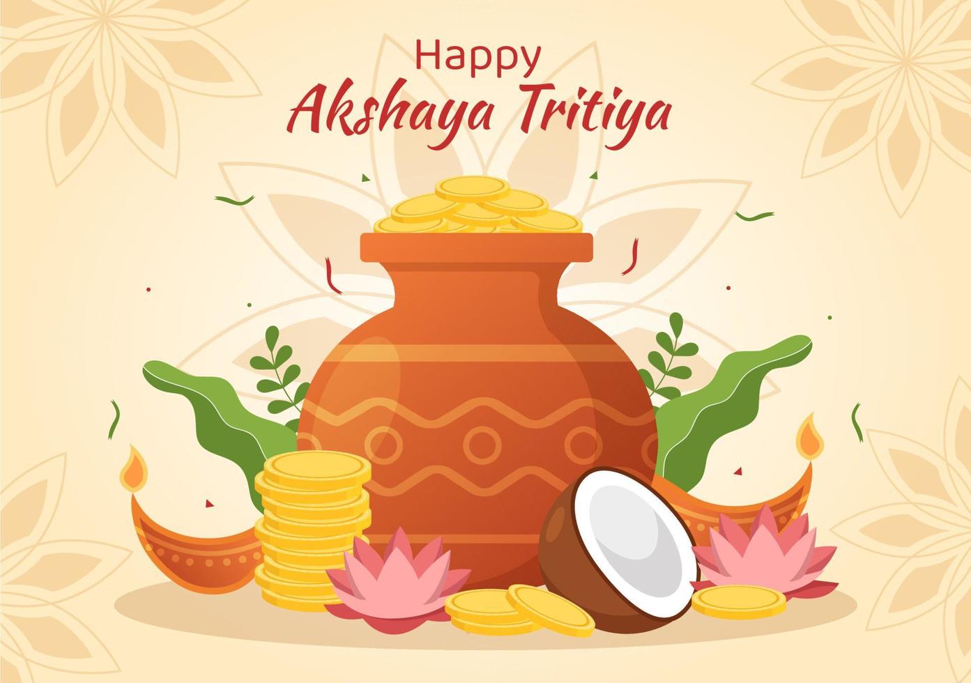 akshaya tritiya festival ilustración con un dorado kalash, maceta y oro monedas para Dhanteras celebracion en mano dibujado para aterrizaje página plantillas vector