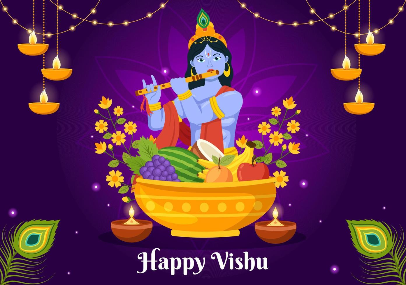 Happy Vishu Festival Illustration with Traditional Kerala Kani, Fruits and Vegetables for Landing Page in Flat Cartoon Hand Drawn Templates vector