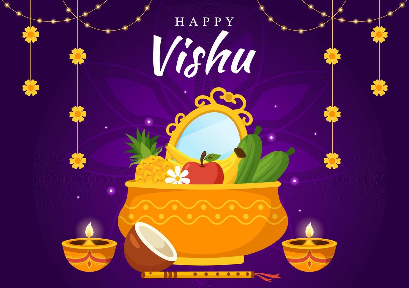 contento vishu festival ilustración con tradicional kerala kani, frutas y vegetales para aterrizaje página en plano dibujos animados mano dibujado plantillas vector