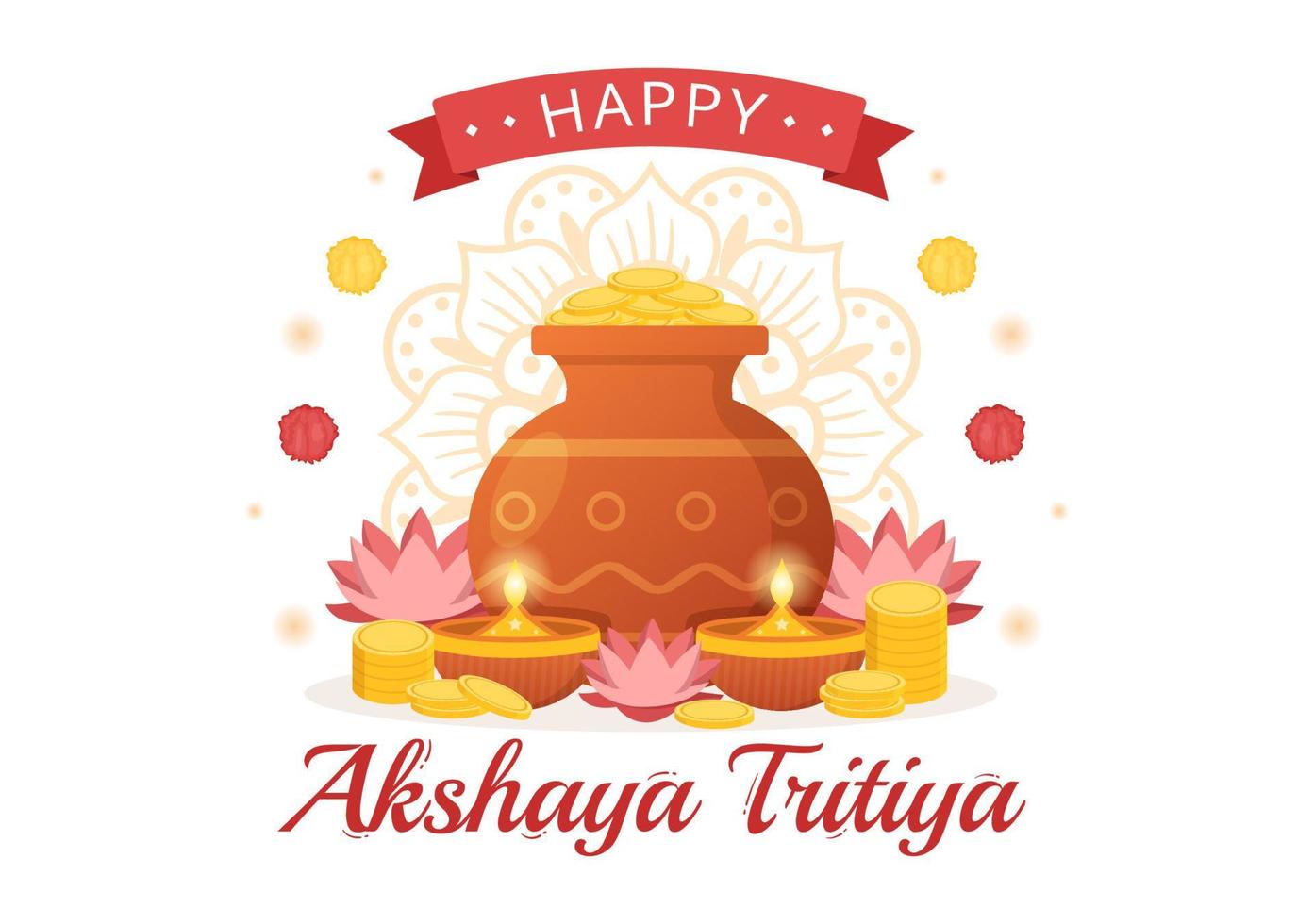 akshaya tritiya festival ilustración con un dorado kalash, maceta y oro monedas para Dhanteras celebracion en mano dibujado para aterrizaje página plantillas vector