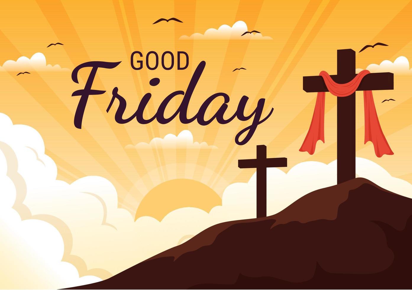 Happy Good Friday Illustration with Christian Holiday of Jesus Christ Crucifixion in Flat Cartoon Hand Drawn for Web Banner or Landing Page Templates vector