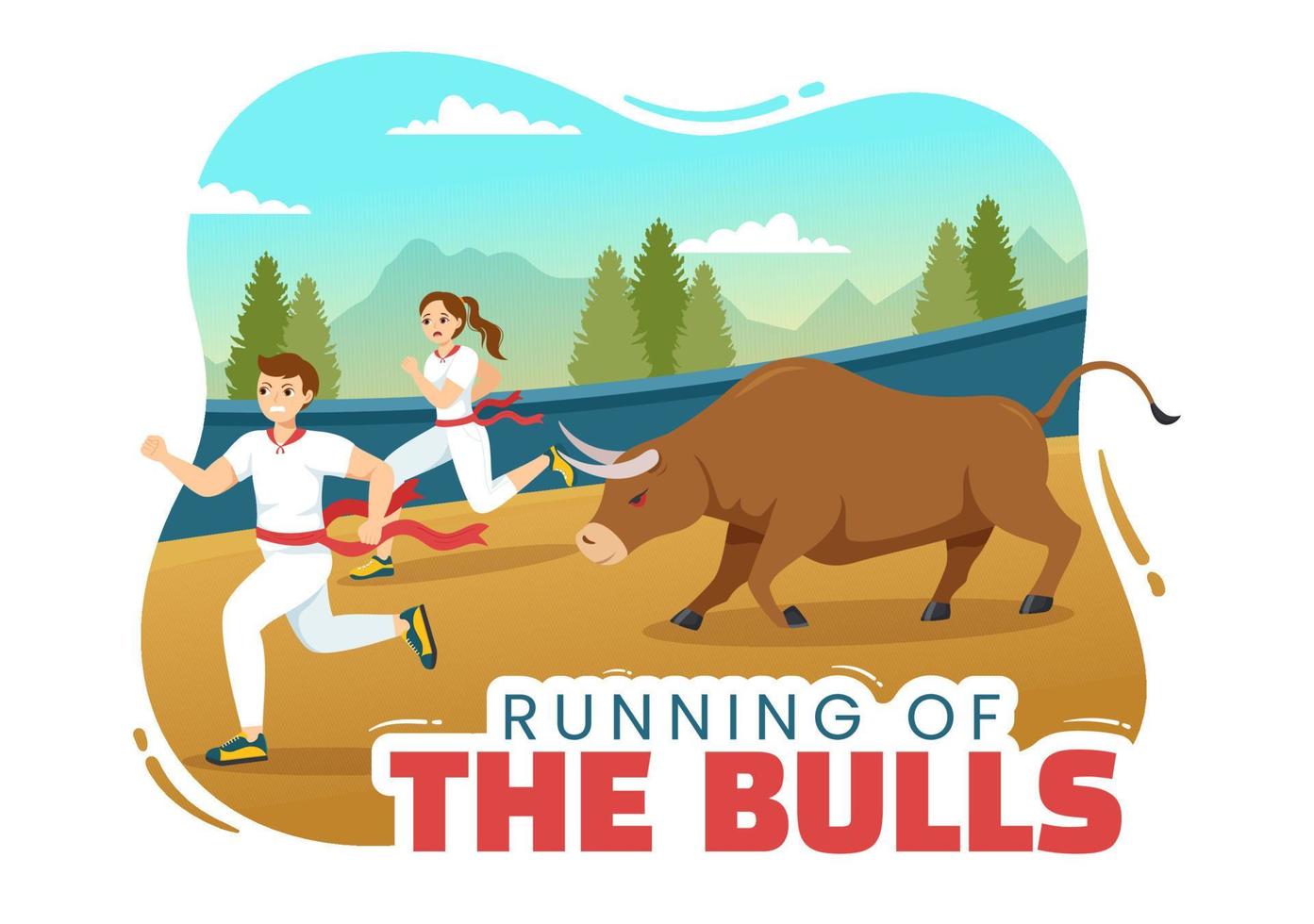 Running of the Bulls Illustration with Bullfighting Show in Arena in Flat Cartoon Hand Drawn for Web Banner or Landing Page Template vector