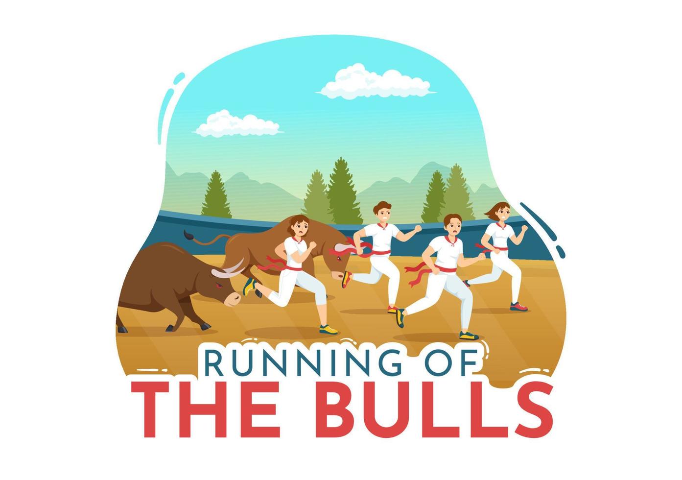 Running of the Bulls Illustration with Bullfighting Show in Arena in Flat Cartoon Hand Drawn for Web Banner or Landing Page Template vector