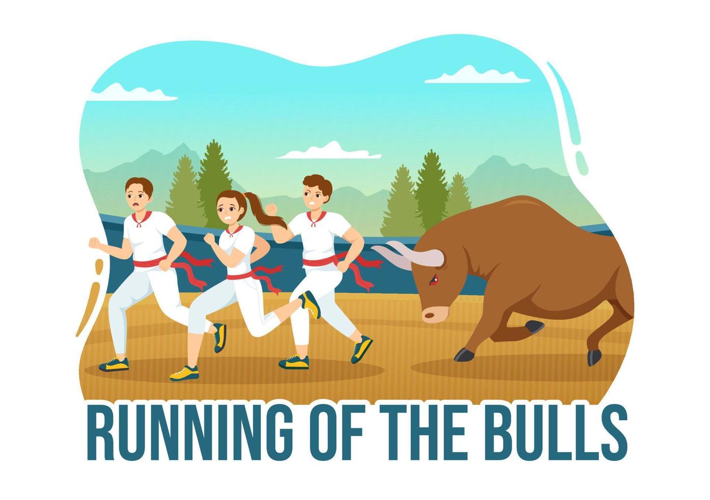 Running of the Bulls Illustration with Bullfighting Show in Arena in Flat Cartoon Hand Drawn for Web Banner or Landing Page Template vector