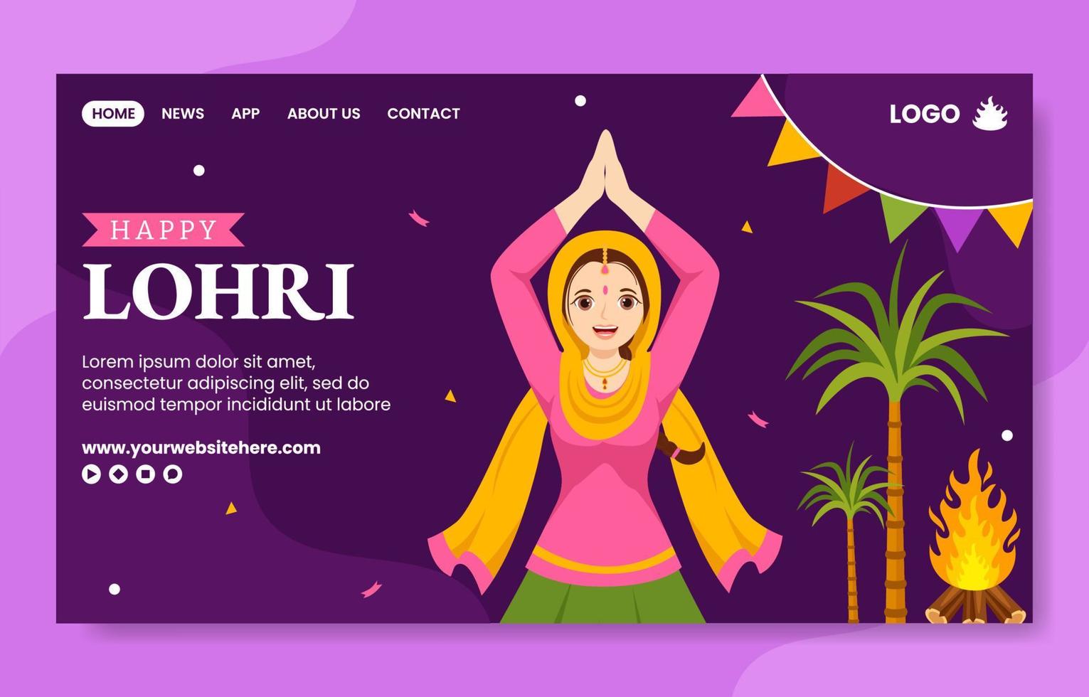 Happy Lohri Festival Social Media Landing Page Cartoon Hand Drawn Templates Background Illustration vector