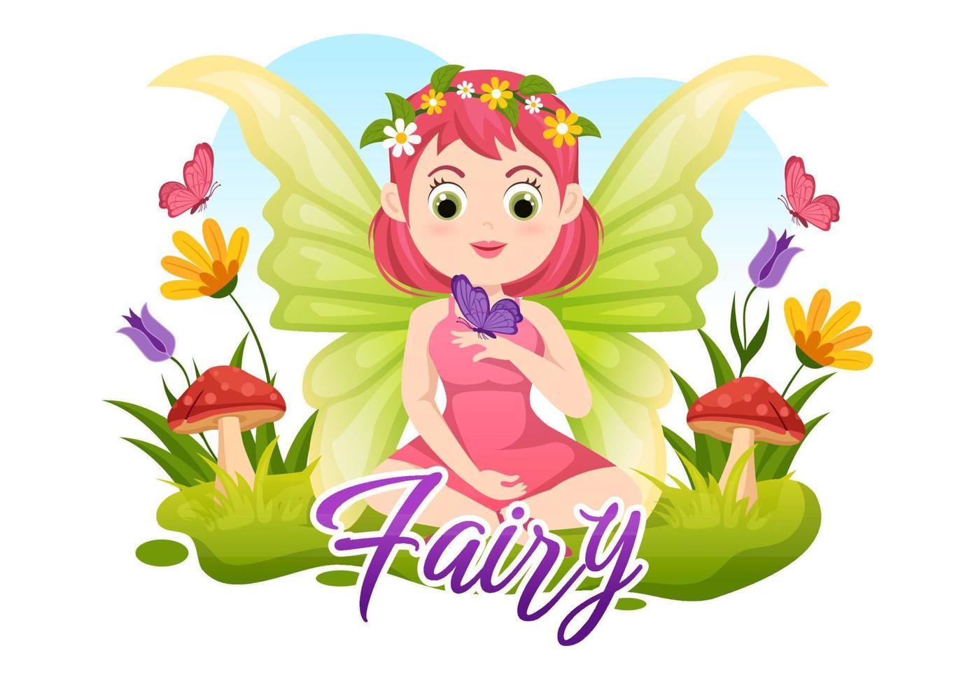 Beautiful Flying Fairy Illustration with Elf, Landscape Tree and Green Grass in Flat Cartoon Hand Drawn for Web Banner or Landing Page Templates vector