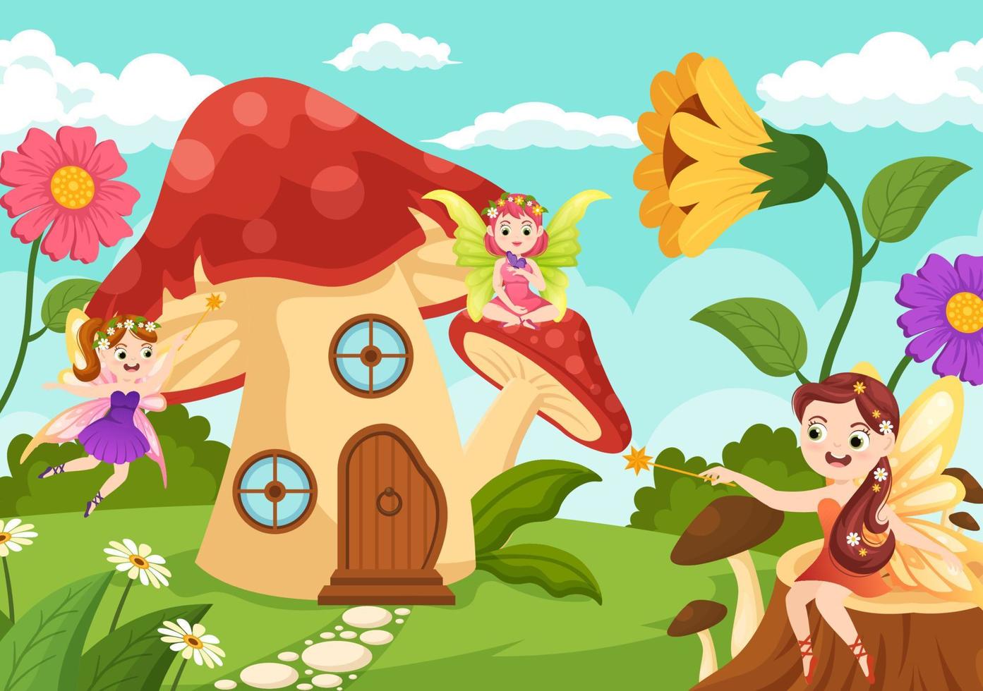 Beautiful Flying Fairy Illustration with Elf, Landscape Tree and Green Grass in Flat Cartoon Hand Drawn for Web Banner or Landing Page Templates vector