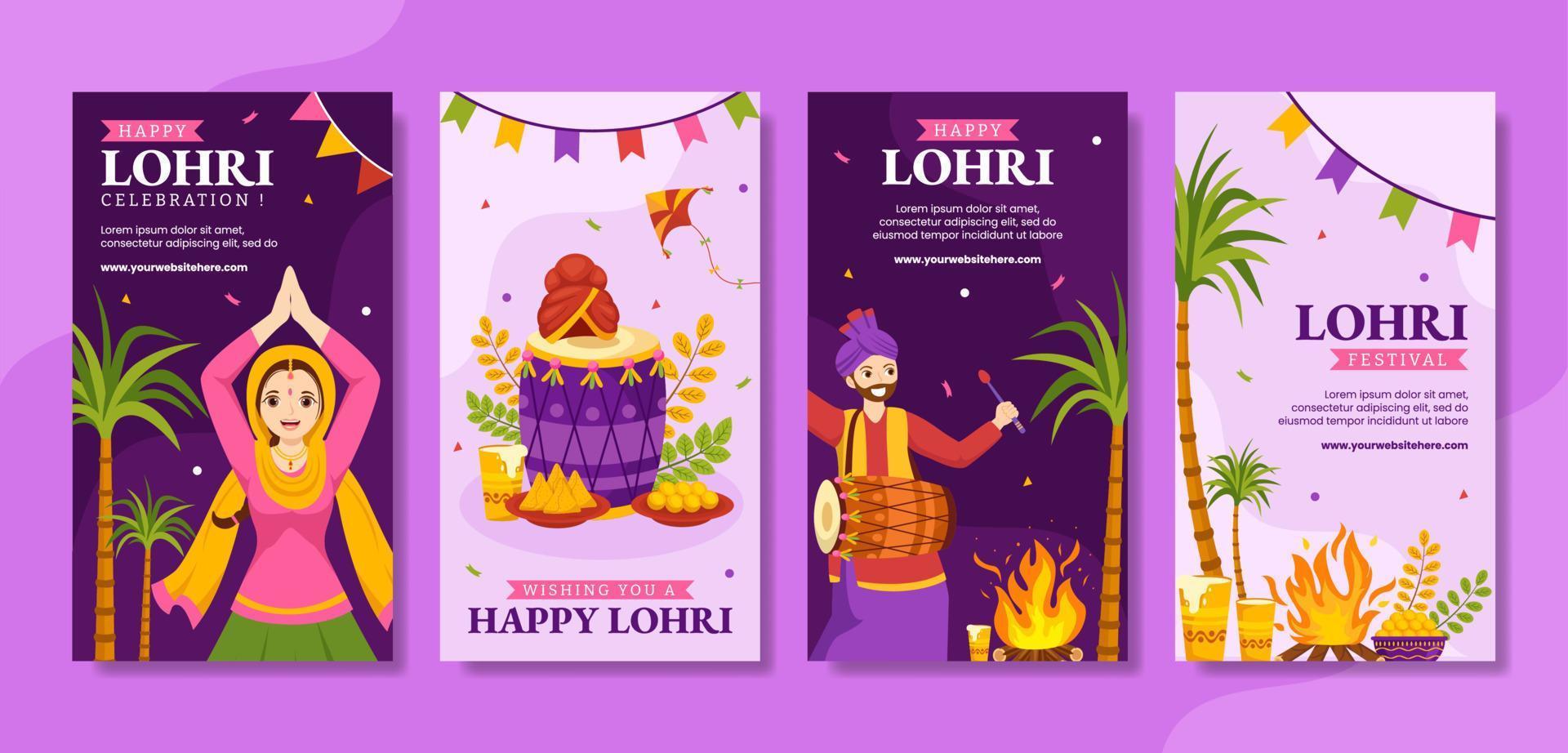 Happy Lohri Festival Social Media Stories Flat Cartoon Hand Drawn Templates Background Illustration vector