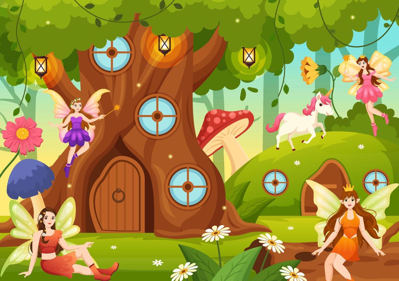Beautiful Flying Fairy Illustration with Elf, Landscape Tree and Green Grass in Flat Cartoon Hand Drawn for Web Banner or Landing Page Templates vector