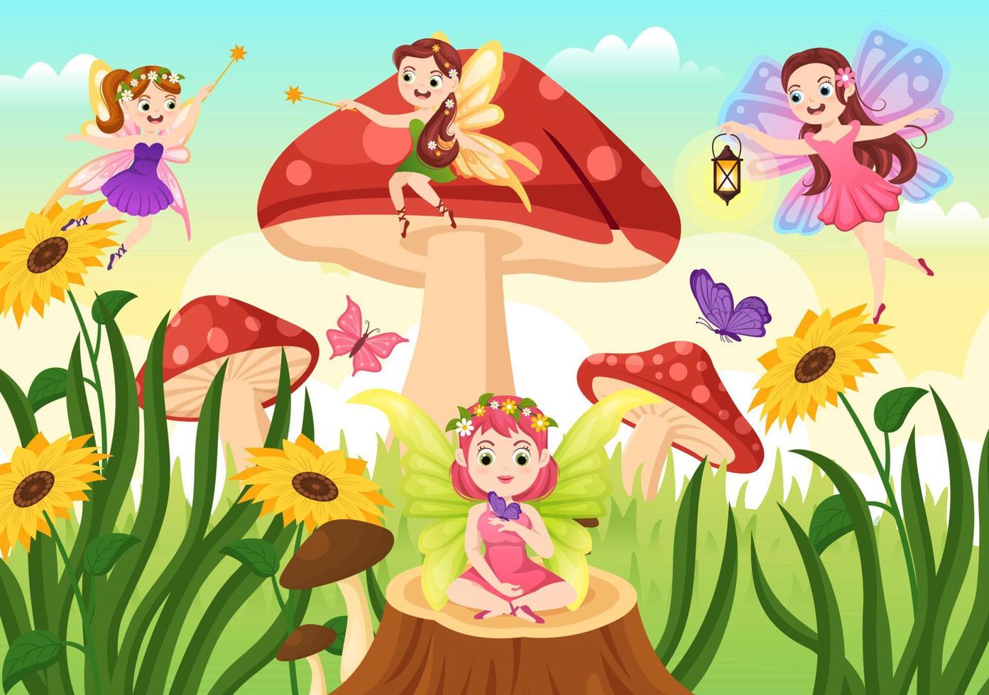 Beautiful Flying Fairy Illustration with Elf, Landscape Tree and Green Grass in Flat Cartoon Hand Drawn for Web Banner or Landing Page Templates vector