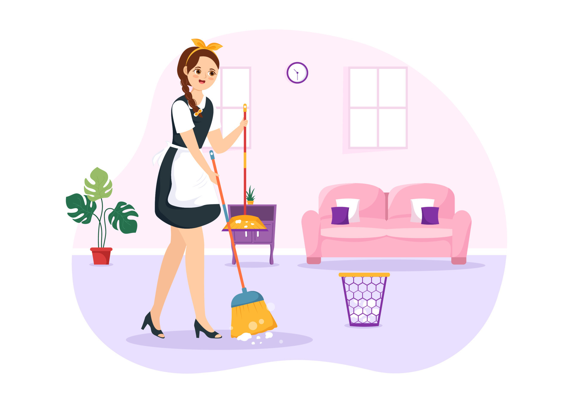 Professional Girl Maid Illustration of Cleaning Service Wearing her Uniform with Apron for Clean