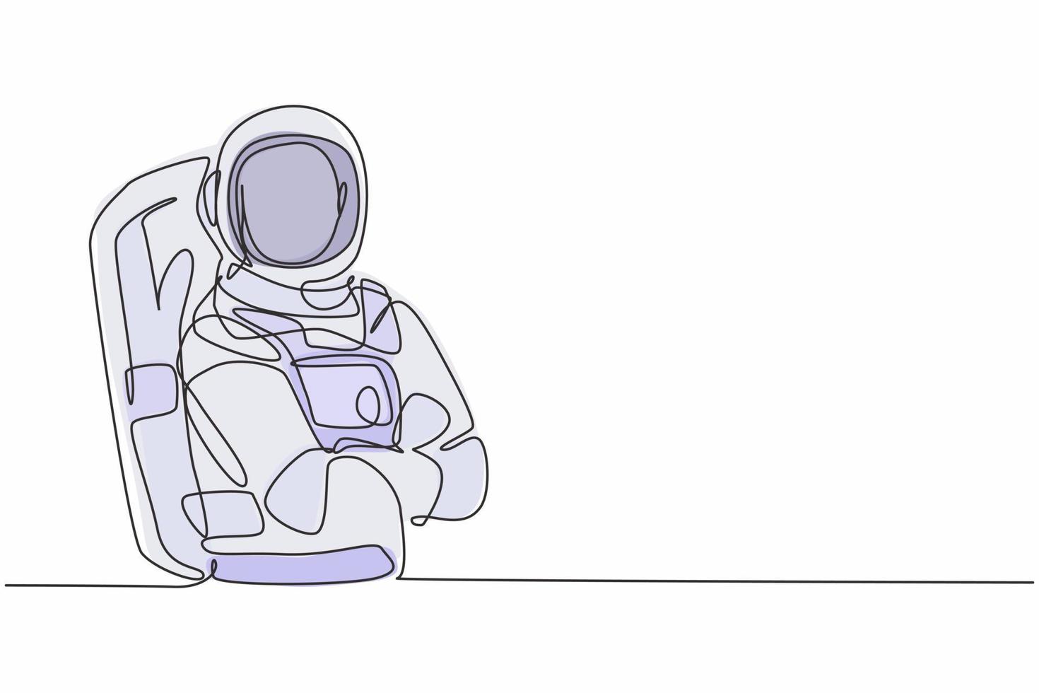 Continuous one line drawing young male astronaut posing cross arm on chest before go to outer space. Professional job profession minimalist concept. Single line draw design vector graphic illustration