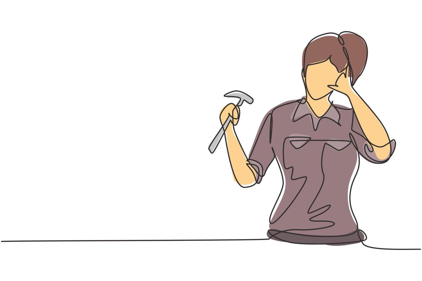 Continuous one line drawing female carpenter with call me gesture works in her workshop making wooden products. Skills in using carpentry tools. Single line draw design vector graphic illustration