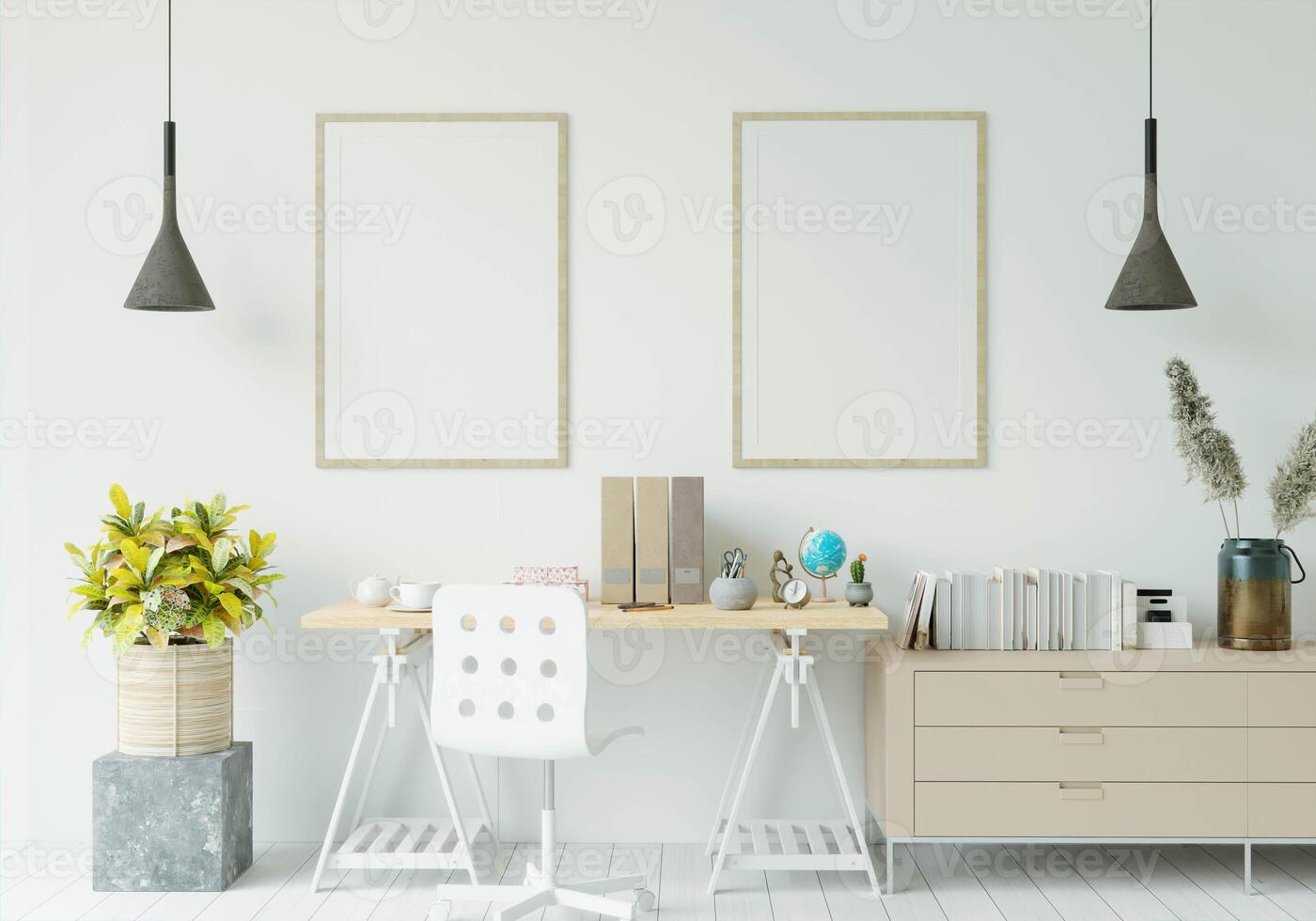 3D interior design workspace with mockup photo frame