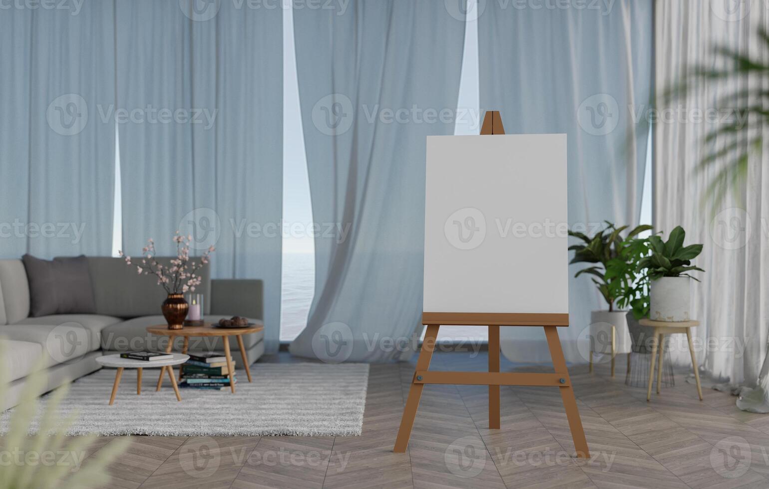 3D mockup blank photo frame on tripod in living room rendering