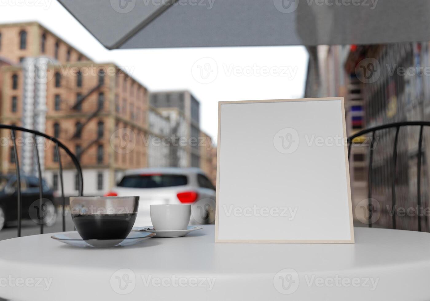 Tablero de menú en blanco de maqueta 3d en la mesa de la representación de la cafetería foto