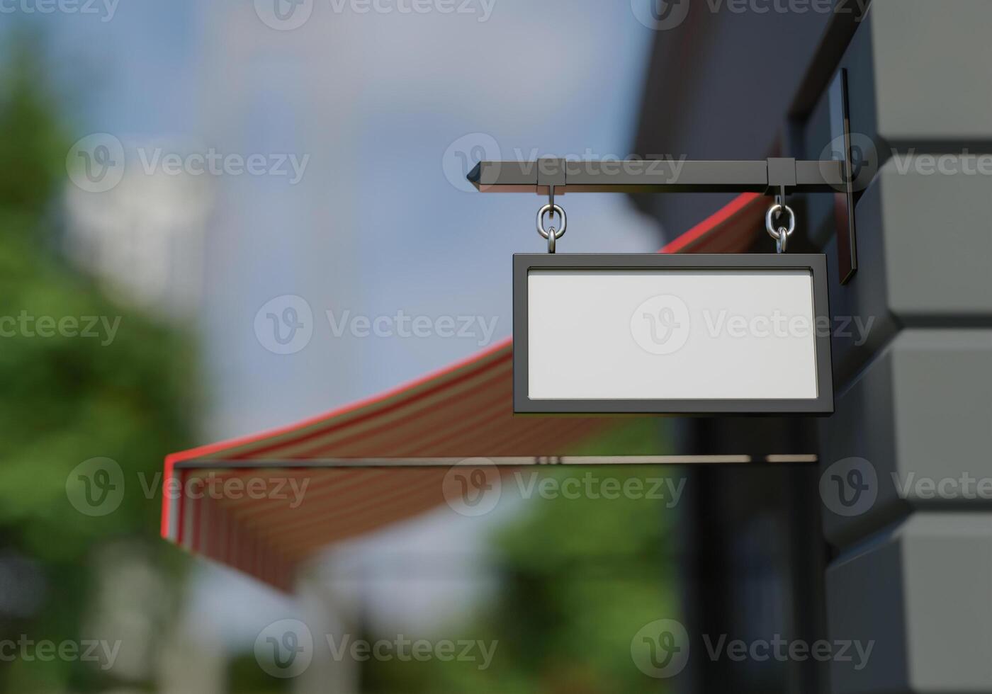 3D mockup blank signboard hanging out of shop rendering photo