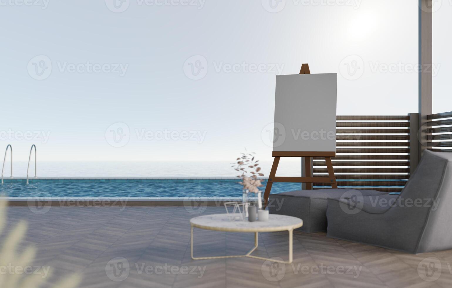 3D mockup blank photo frame on tripod near swimming pool
