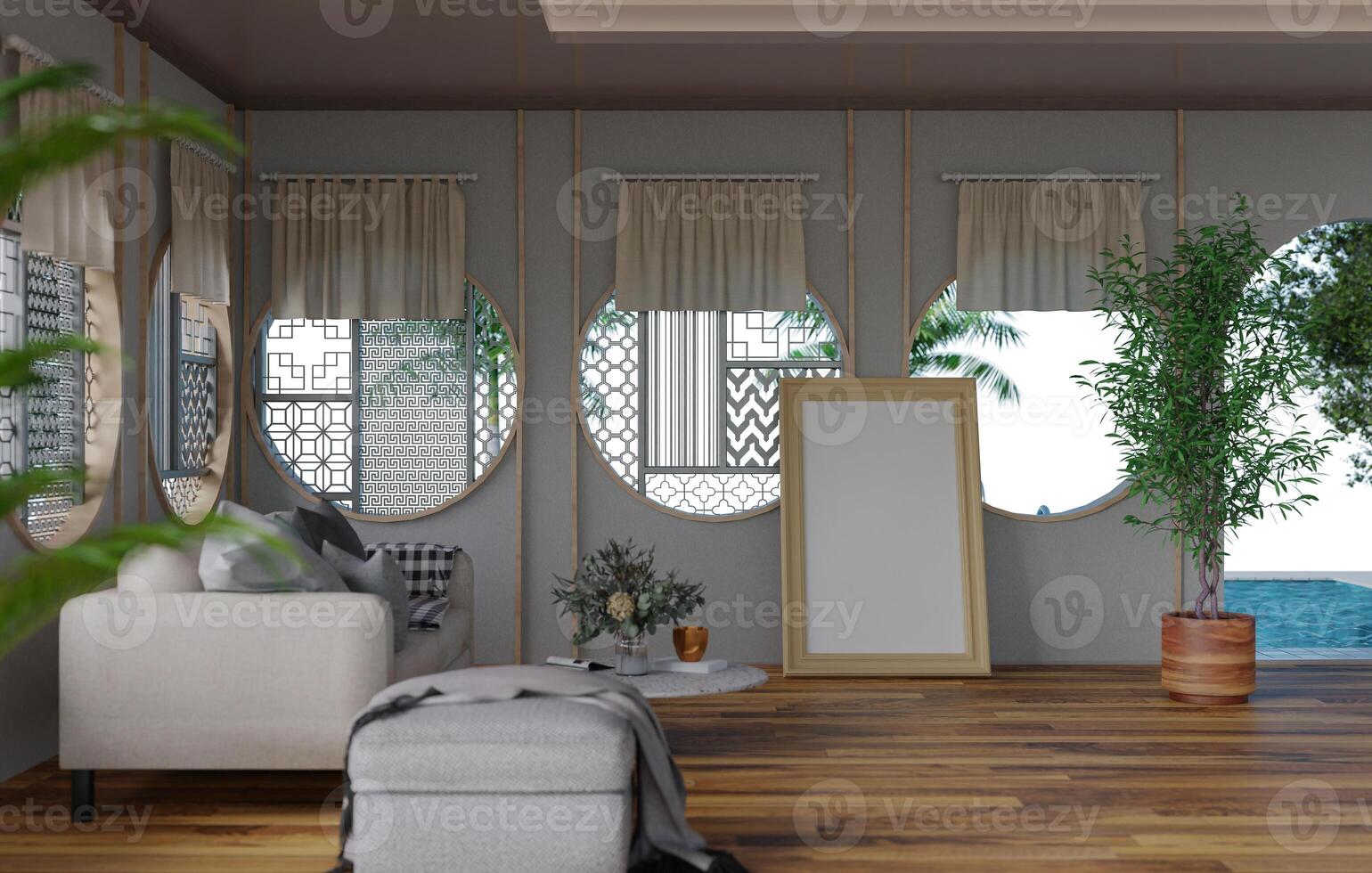 3D mockup blank photo frame in living room rendering