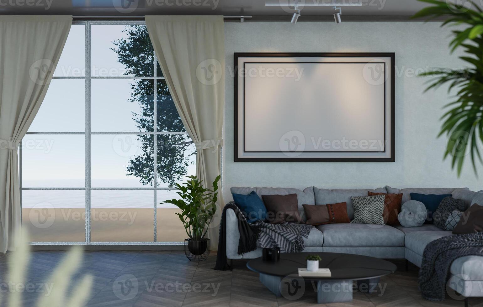 3D mockup blank photo frame in living room rendering