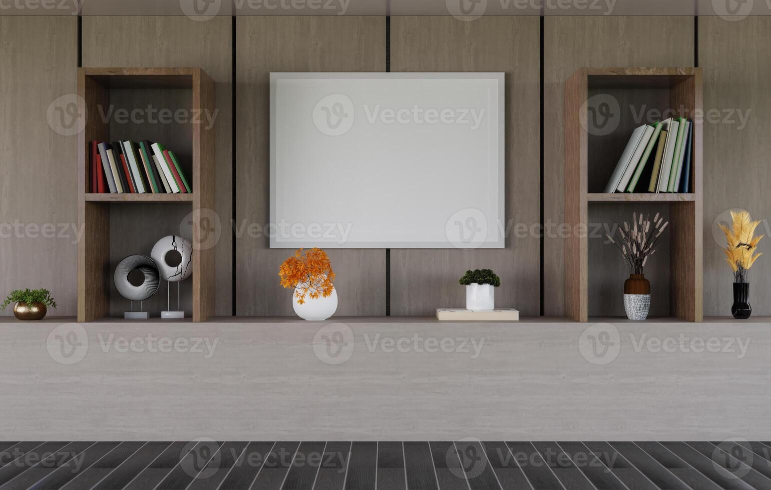 3D mockup blank photo frame in living room rendering