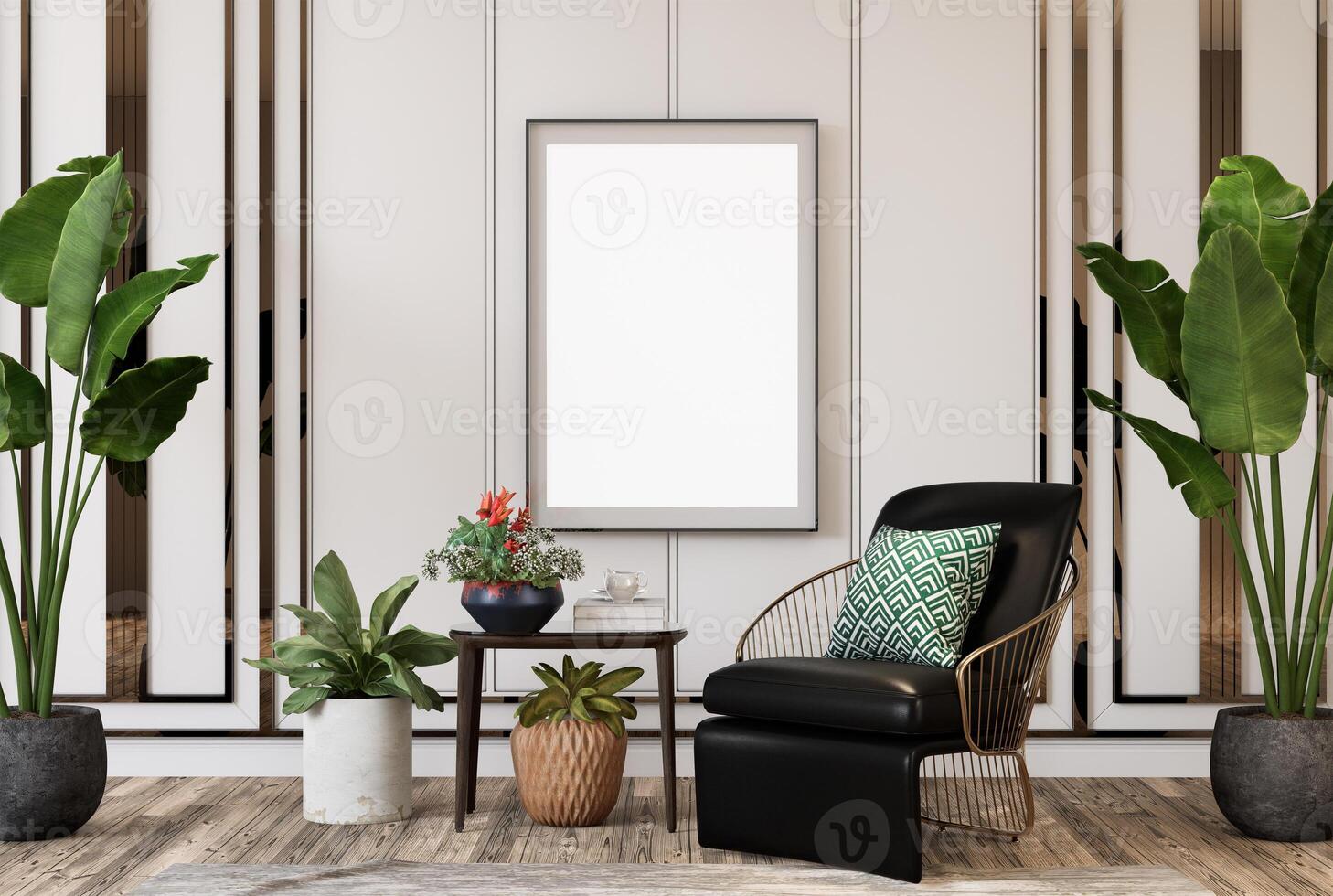 3D illustration Mockup blank photo frame in living room rendering