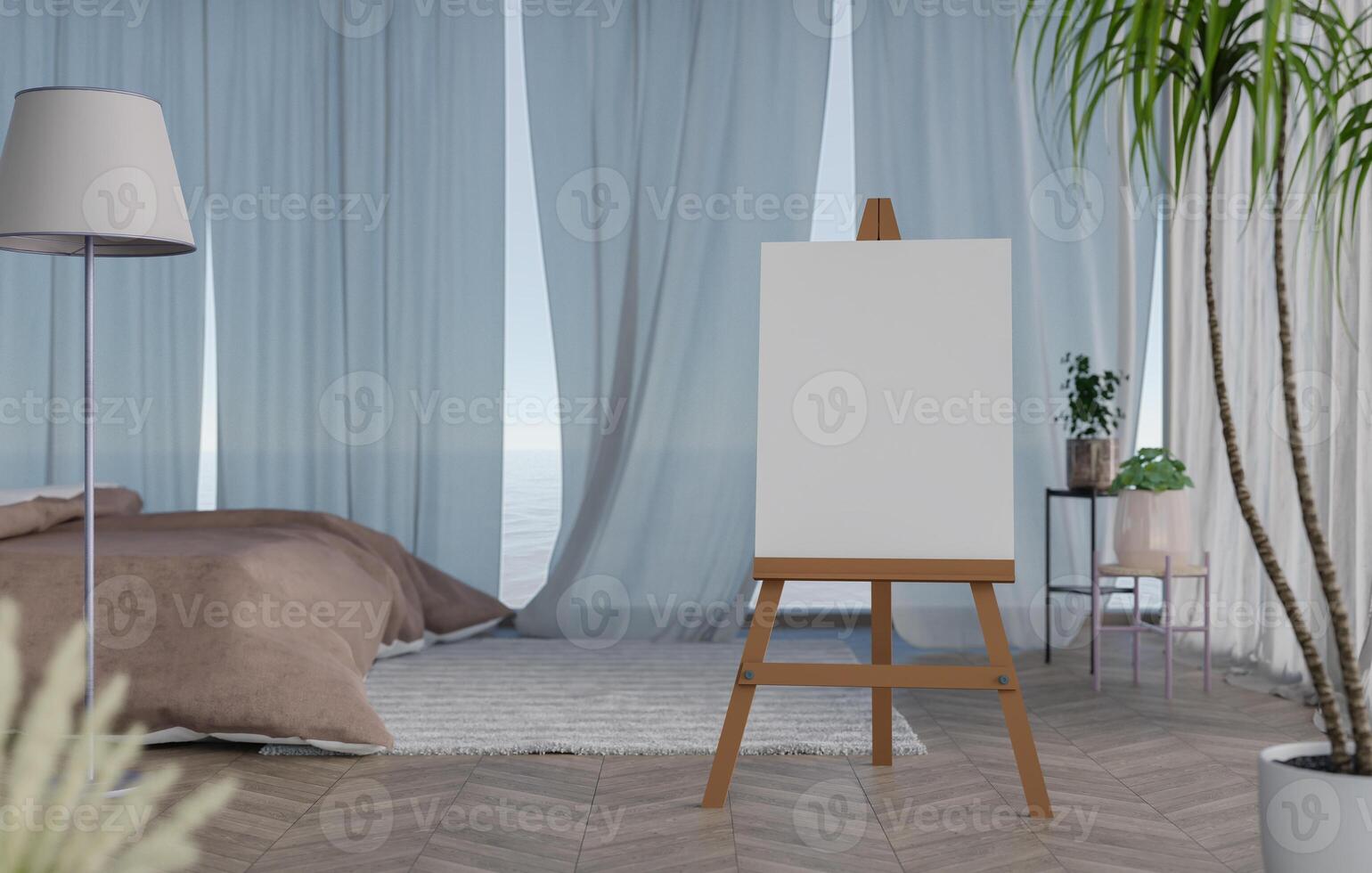3D mockup blank canvas on Wooden easel in bedroom rendering photo