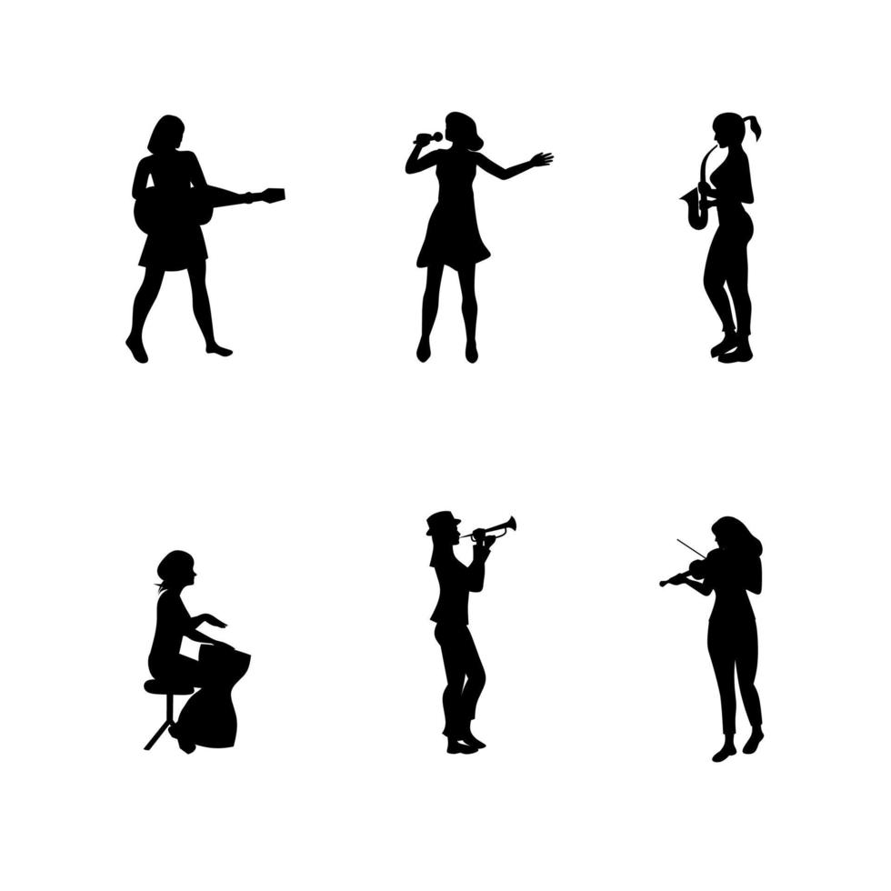 músico silueta mujer conjunto negro vector