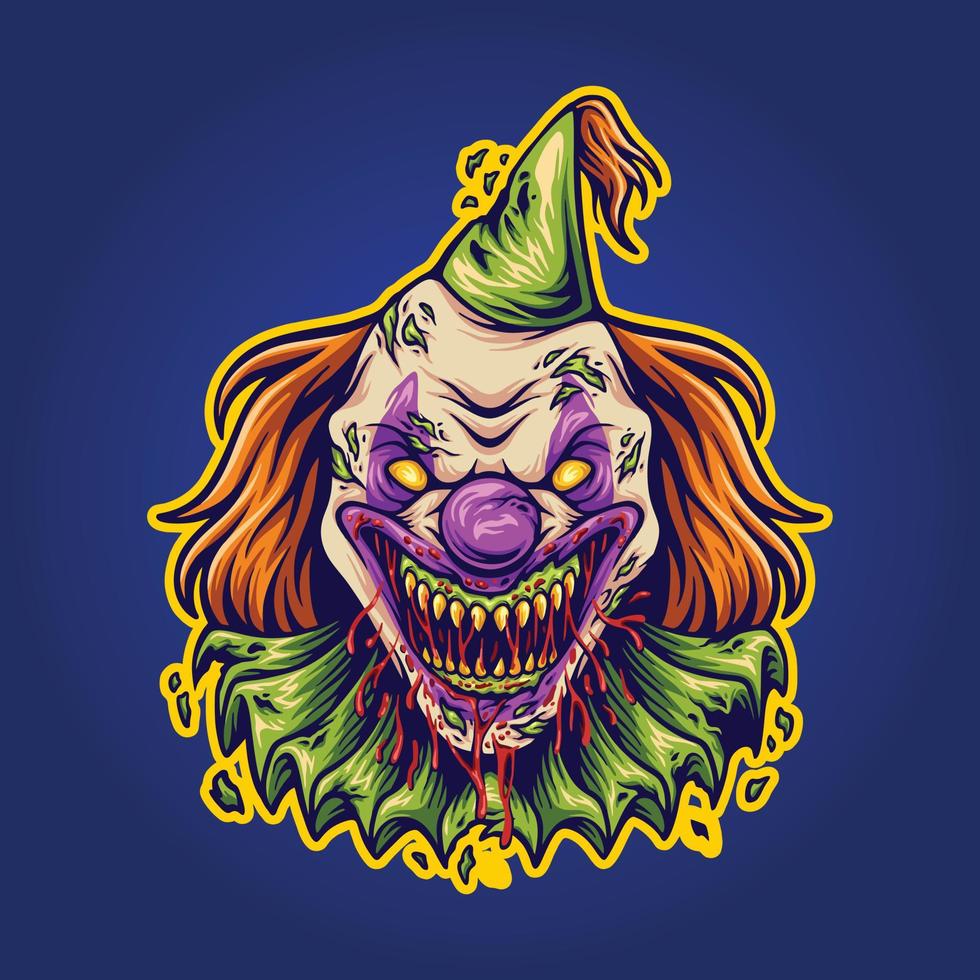 Creepy horror evil clown head logo cartoon vector illustrations for your work logo, merchandise t-shirt, stickers and label designs, poster, greeting cards advertising business company