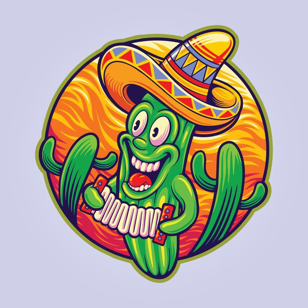 Cute mexico cinco de mayo cactus playing music akordeon vector illustrations for your work logo, merchandise t-shirt, stickers and label designs, poster, greeting cards advertising