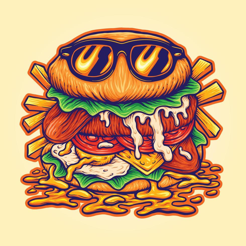 Delicious funny burger cool cartoon logo vector illustrations for your work logo, merchandise t-shirt, stickers and label designs, poster, greeting cards advertising company brands