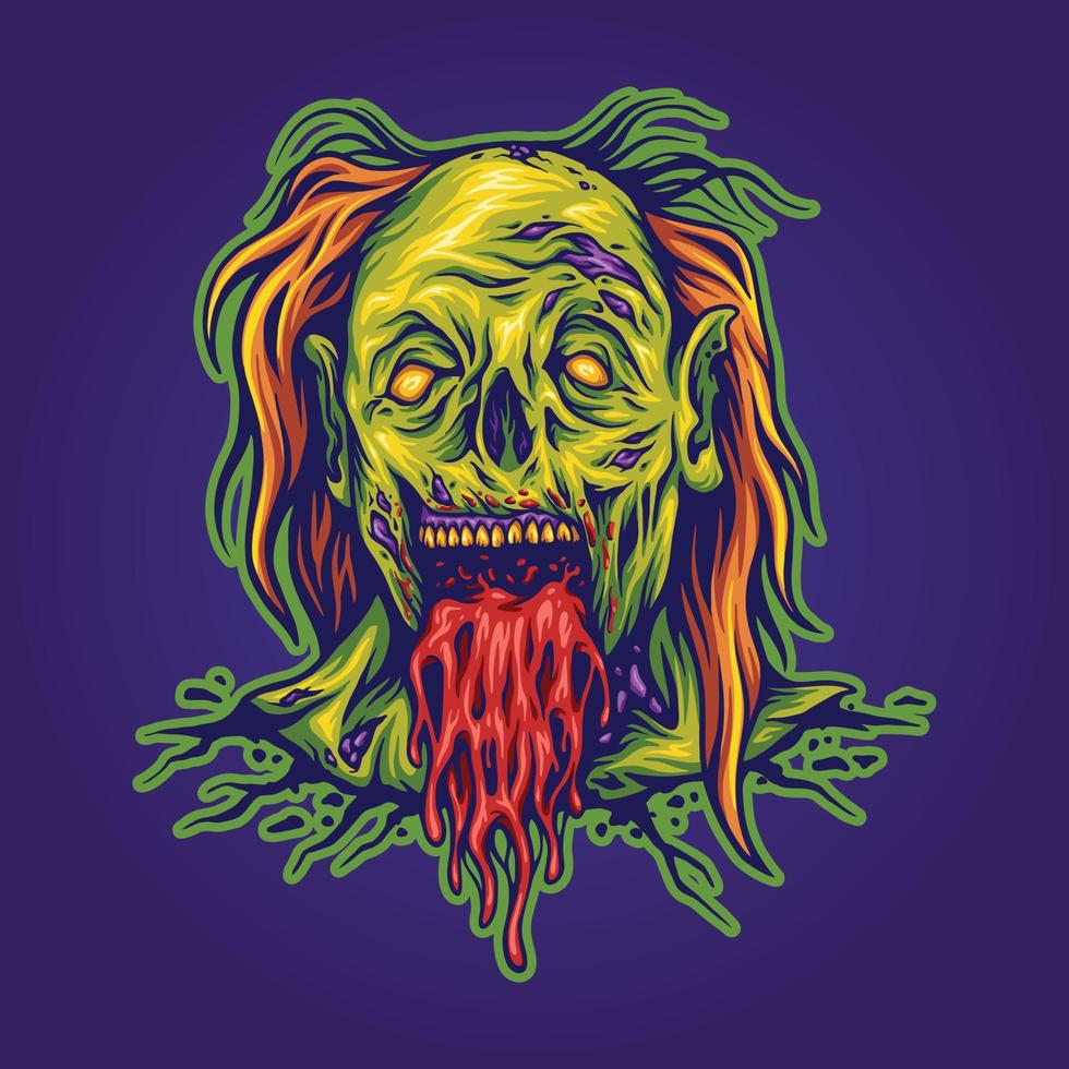 Horror evil zombie monster clown head cartoon illustrations vector