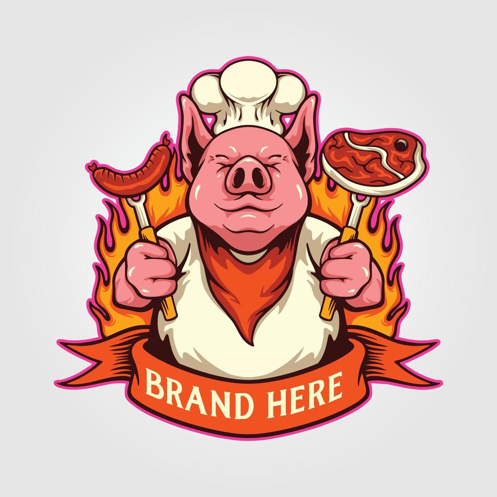 Cute chef pig delicious barbeque meat logo cartoon illustrations vector