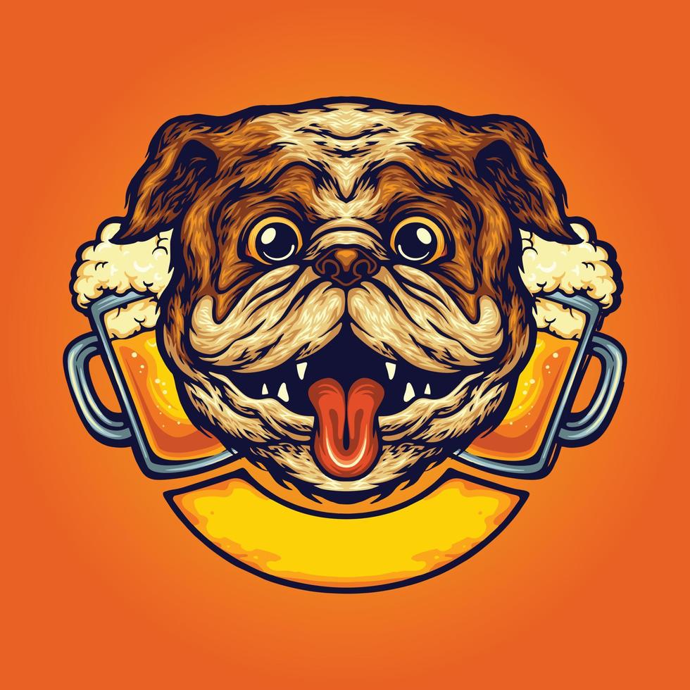 Funny dog beer glass logo cartoon illustrations vector